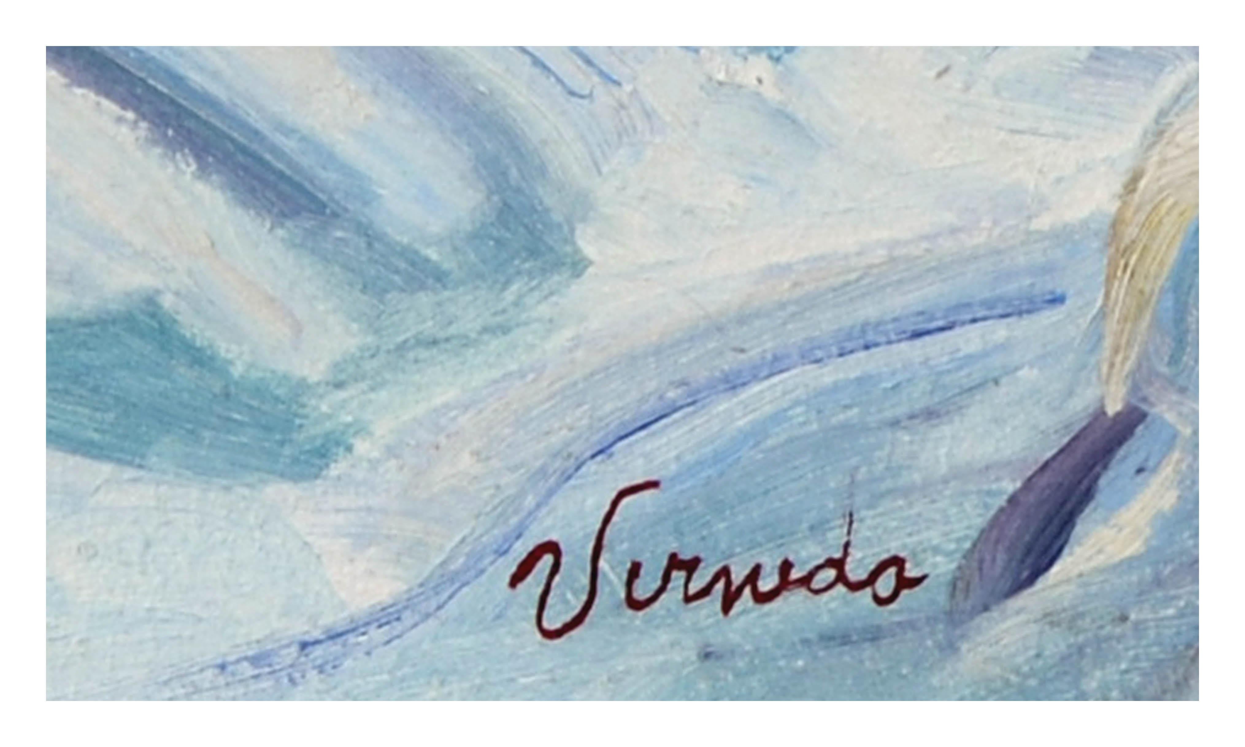 Precioso paisaje invernal de un arroyo nevado en tonos pastel de Verneda Mehringer (estadounidense, 1924-2015). Firmado 