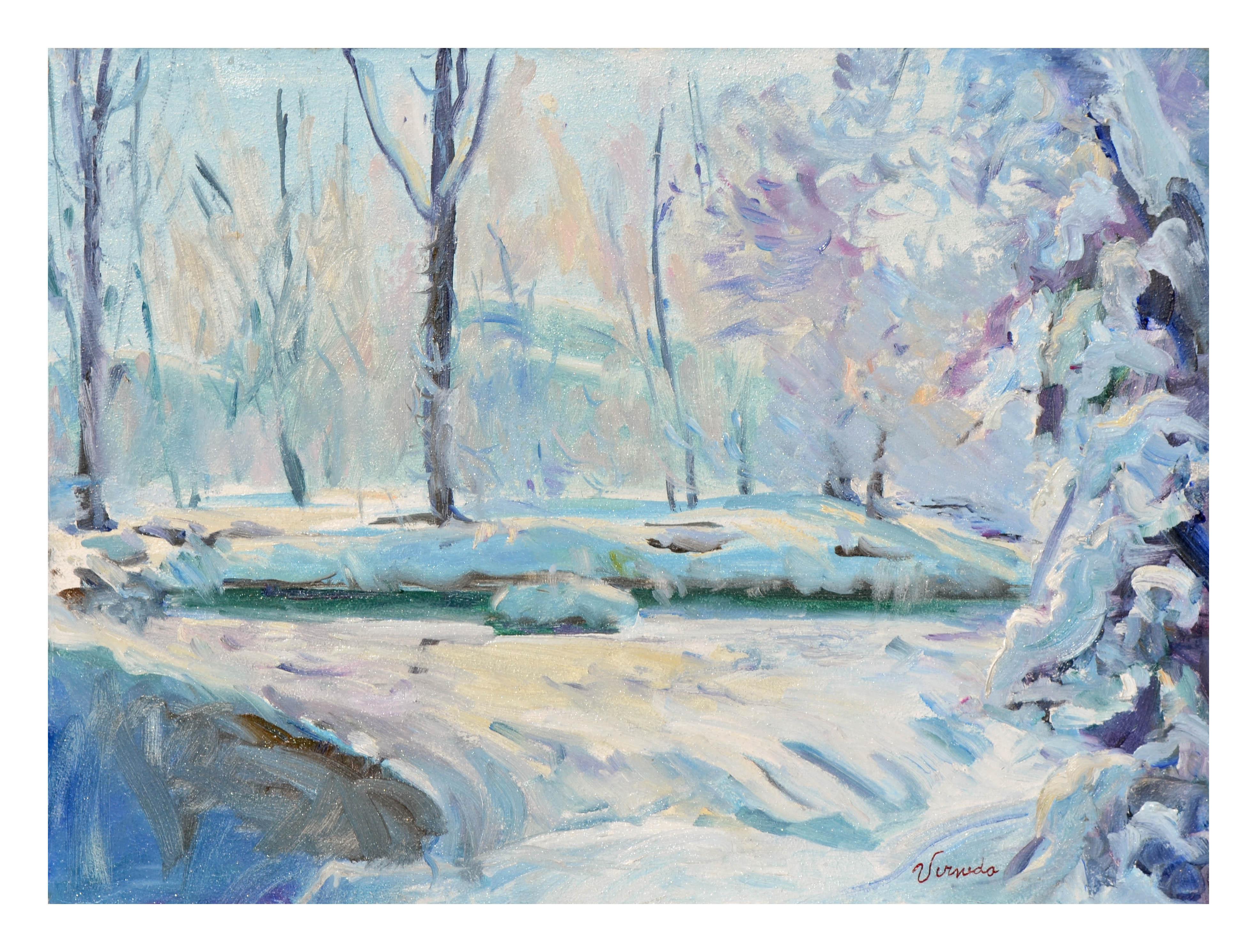 Verneda Mehringer  Landscape Painting – Landschaft aus der Mitte des Jahrhunderts – Schneeflocken-Stream in den Sierra Mountains