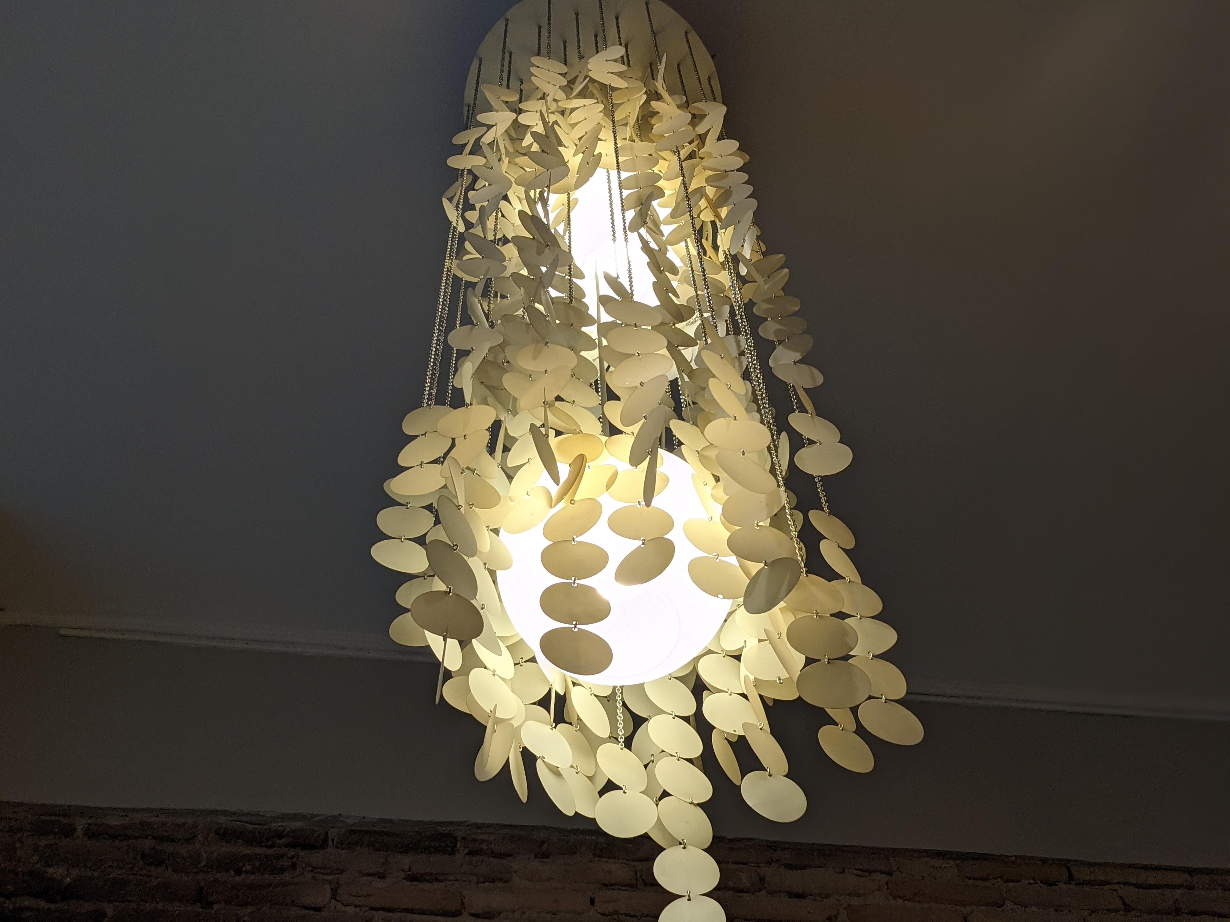 Verner Panton chandelier of 1970s. Opal glass and resin pellets. Very good condition.