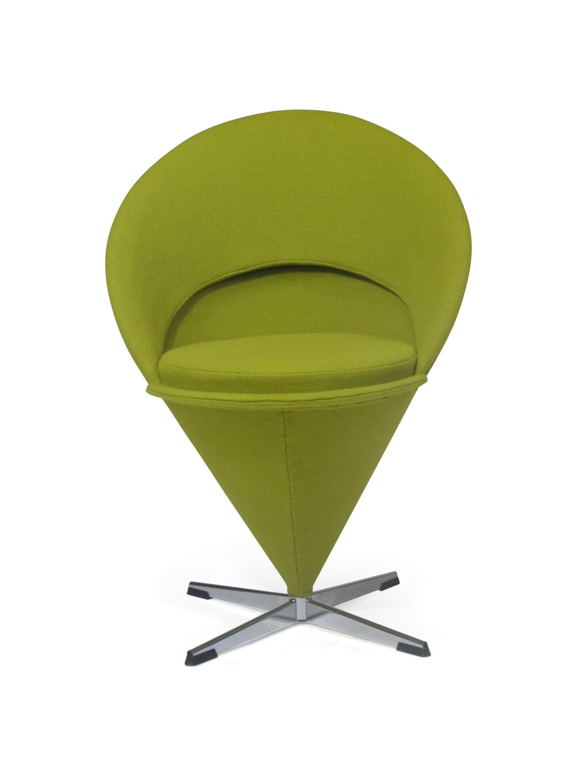 Verner Panton for Richard Nissen heart chair, circa 1959, Denmark. The sculptural iconic chair has been fully re-upholstered in bright lime green wool textile raised on a steel pedestal base.