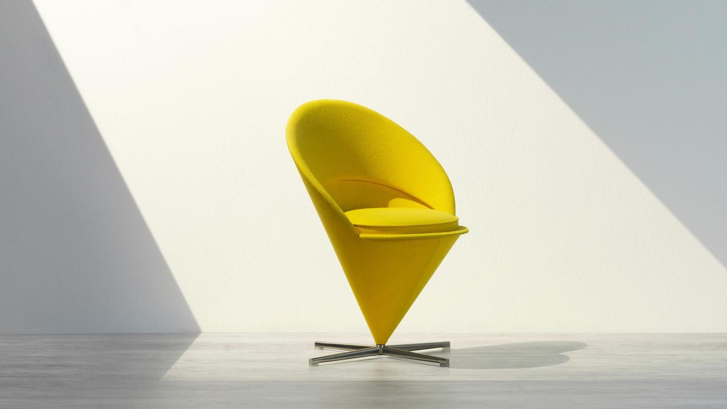 Chair designed by Verner Panton in 1958.
Manufactured by Vitra, Switzerland.

Verner Panton originally designed the Cone chair for a restaurant in Denmark. It takes its shape from the classic geometric figure for which it is named. The padded