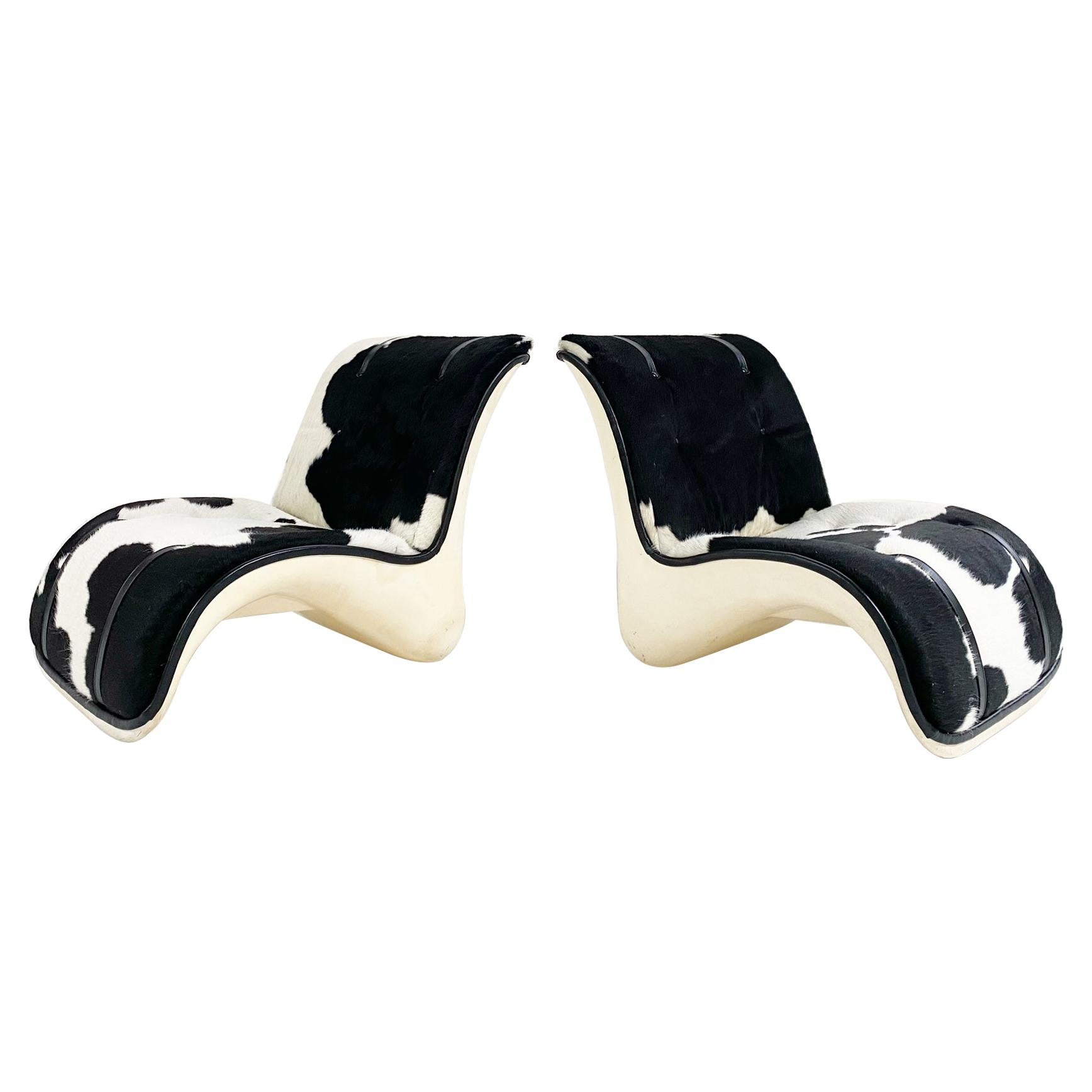 Verner Panton Fiberglass Lounge Chairs in Brazilian Cowhide and Leather, Pair For Sale