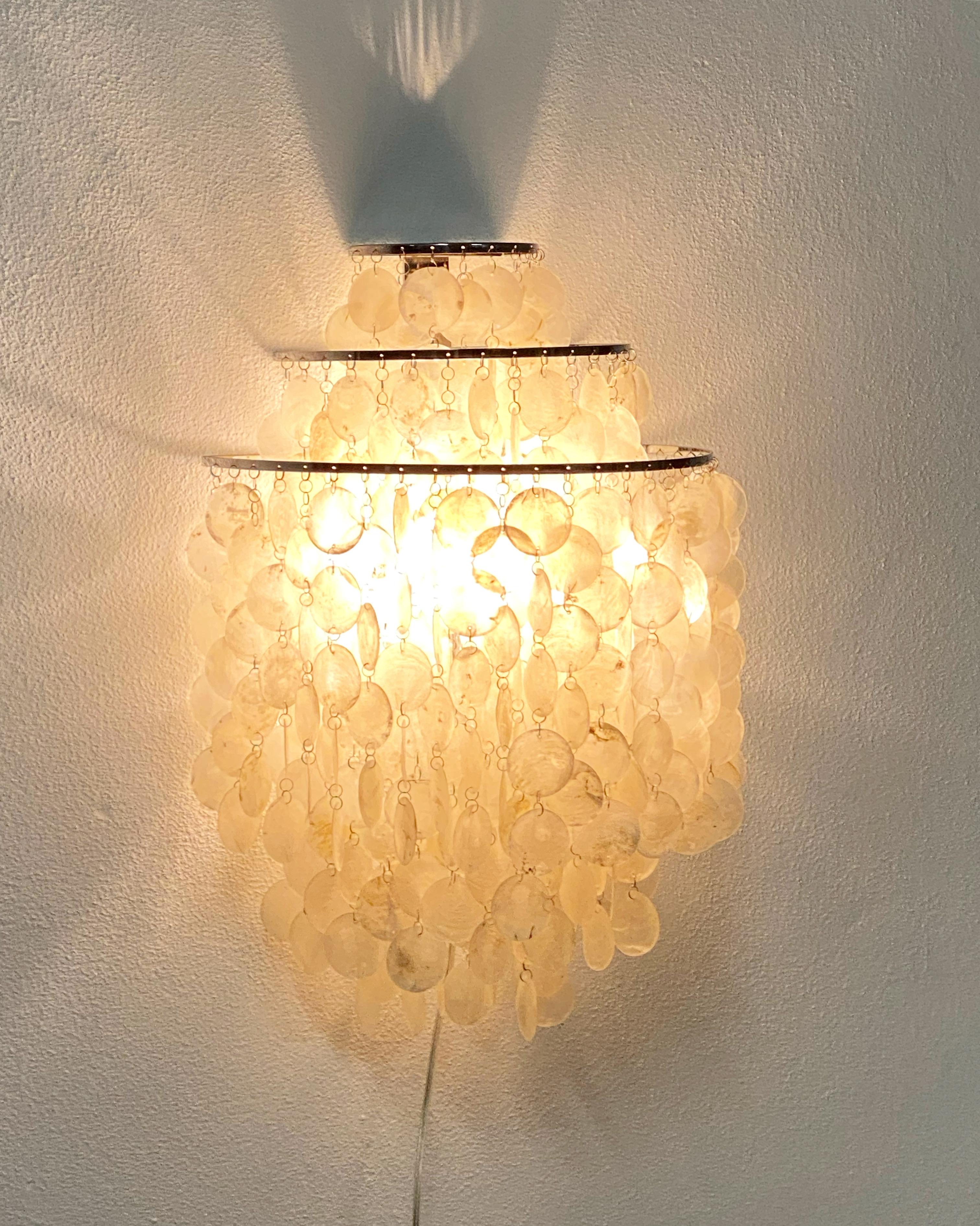 Original 1964 thin capiz shell chandelier designed by Verner Panton for Luber, Switzerland.