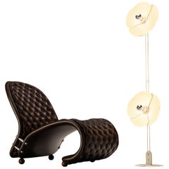 Verner Panton Iconic Lounge Chair in Leather with Olivier Mourgue Floor Lamp