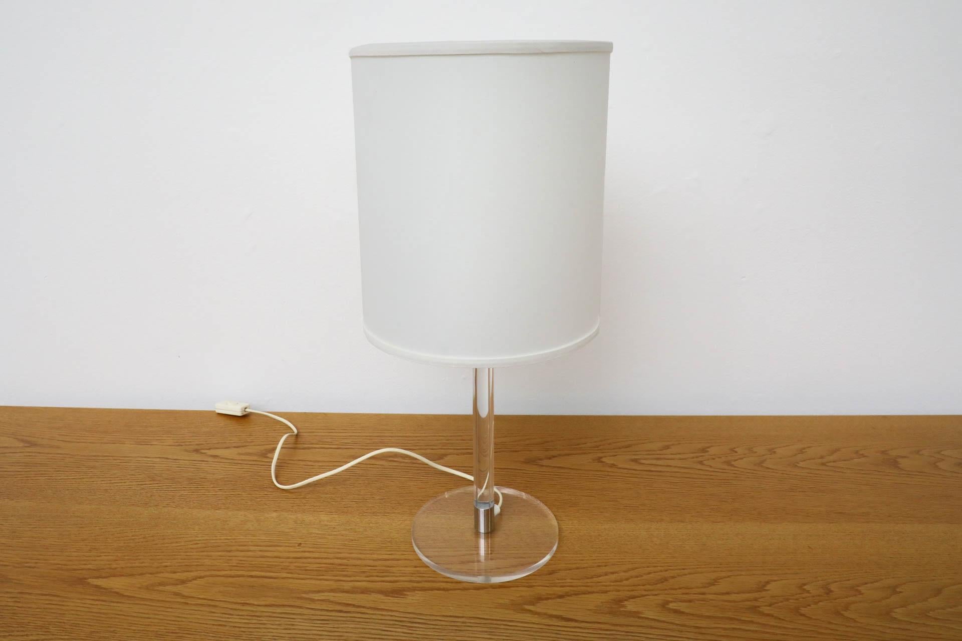 Late 20th Century Verner Panton Inspired Lamp  with Lucite and Chrome Base and New Linen Shade For Sale