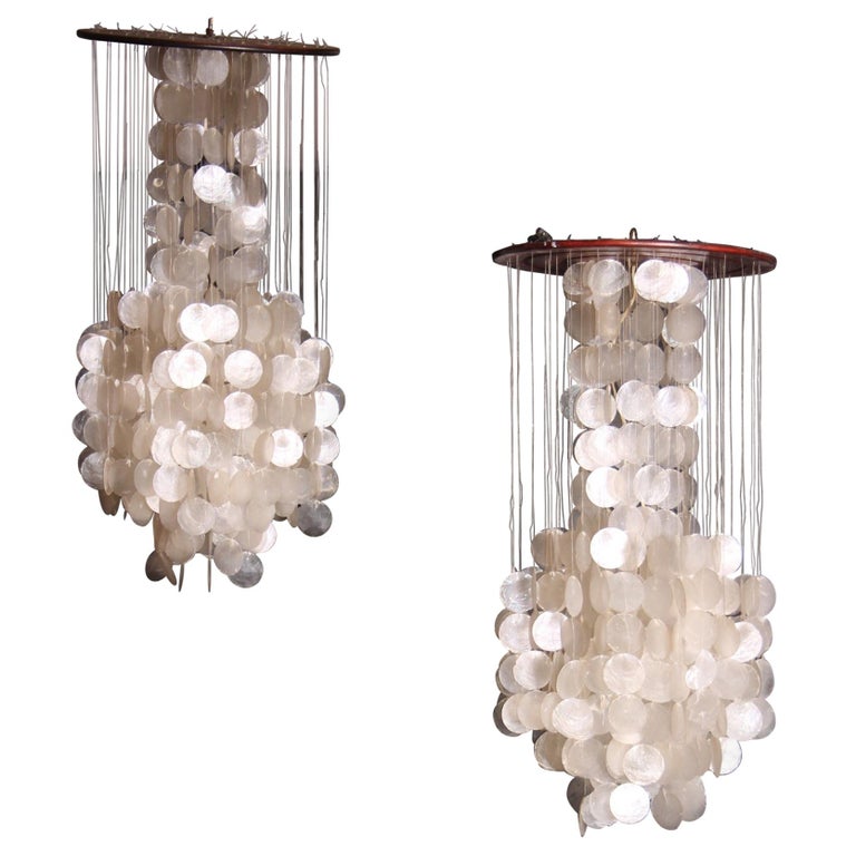 Verner Panton Mid Century Modern Capiz Shell Chandelier Pair For Verner Panton Mid Century Modern Capiz Shell Chandelier Pair For