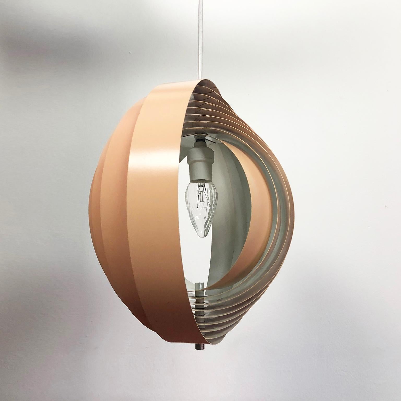 Lacquered metal version of the Panton moon lamp from the 1960s. Produced by Louis Poulsen. Fully adjustable. Beautiful example with original ceiling cap.