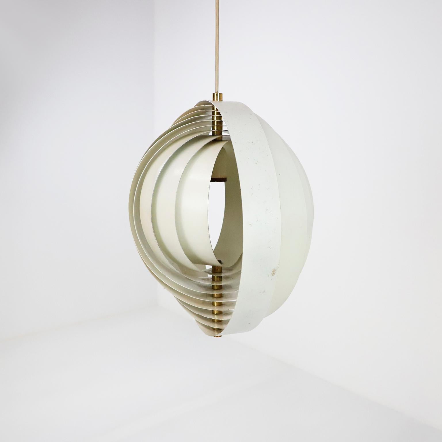Lacquered metal version of the Panton moon lamp from the 1960s. Produced by Louis Poulsen. Fully adjustable. Beautiful example with original ceiling cap and fantastic patina.
