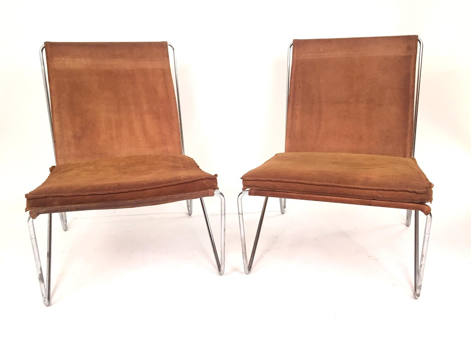 Danish Verner Panton Pair of Suede Leather Bachelor Chairs, 1957