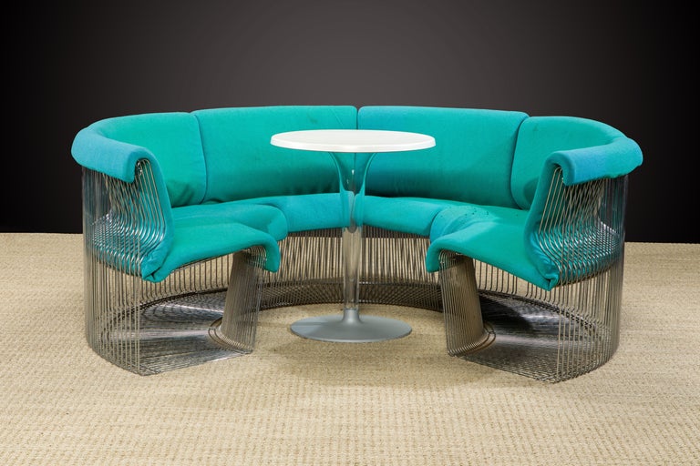 This iconic original 'Pantonova' set by Verner Panton for Fritz Hansen consists of six convex nickel-plated steel wire chairs that form a circular sectional sofa seating suite or can be used individually as lounge chairs or used in two separate