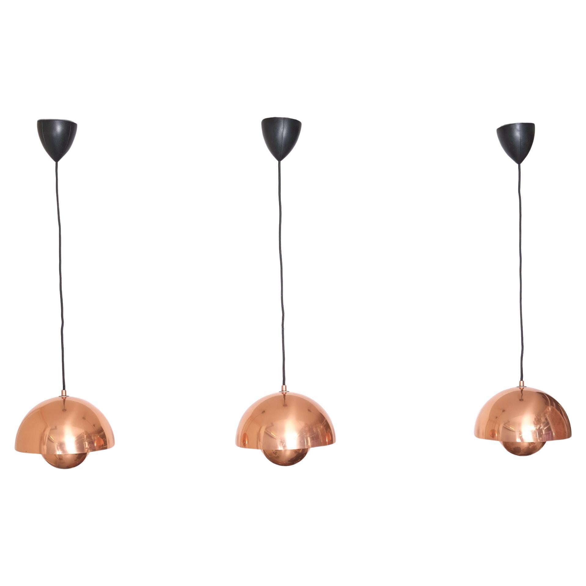 Verner Panton  polished Copper Flower pot pendant lamps 1980s 