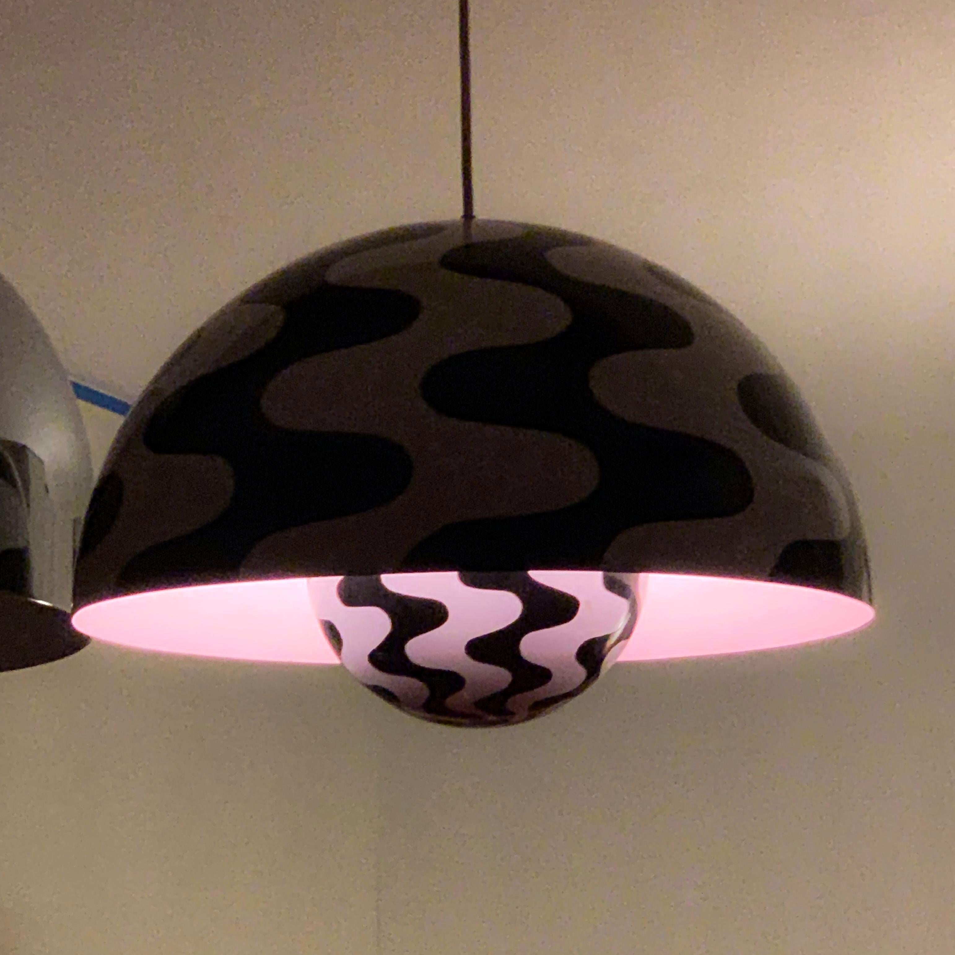 Verner Panton Scandinavian Modern Black & White Flowerpot Pendant Space Age Mod 
Extremely rare large scale Verner Panton Black white flower pot. Retains 'made in Denmark' label on fixture. Produced for only one season (as far as I've been able to
