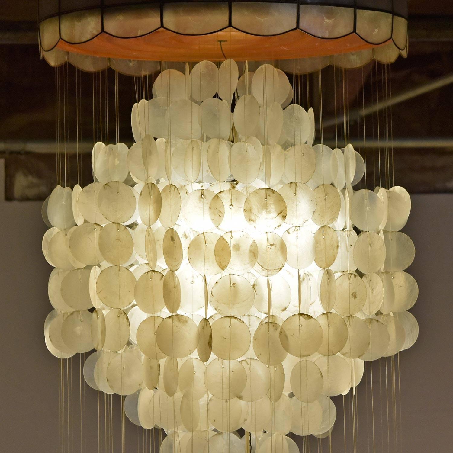 Mid-Century Modern Verner Panton Style Capiz Shell Chandelier Hanging Light