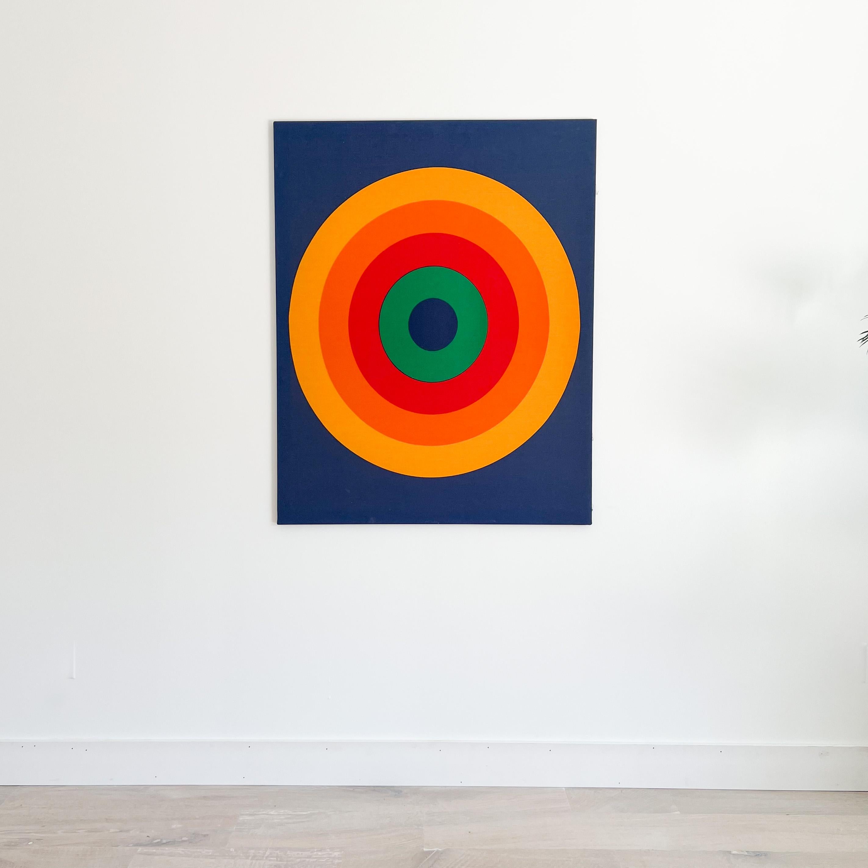 Very cool printed textile wall hanging on canvas. Stamped Finlayson in Finland on the back. Overall very good condition with minimal discoloration/wear (see up close photos). In the style of Verner Panton with the rainbow bulls eye theme. This wall