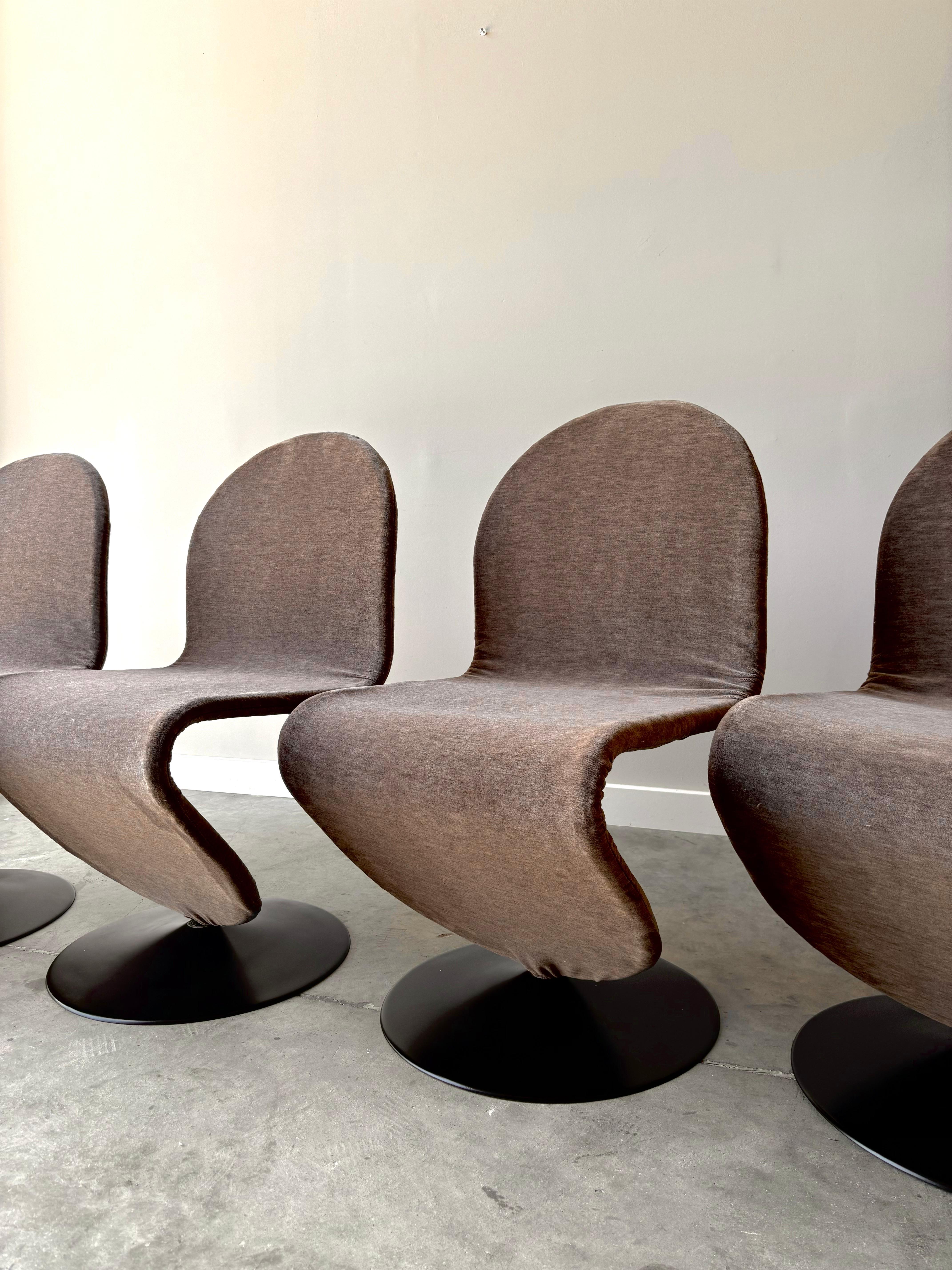 Vintage Fritz Hansen production System 1-2-3 chairs from Verner Panton.  These have been newly upholstered in a dusty brown mohair and bases newly lacquered.  A stunning sculpture yet minimal design, versatile and able to be used with many design