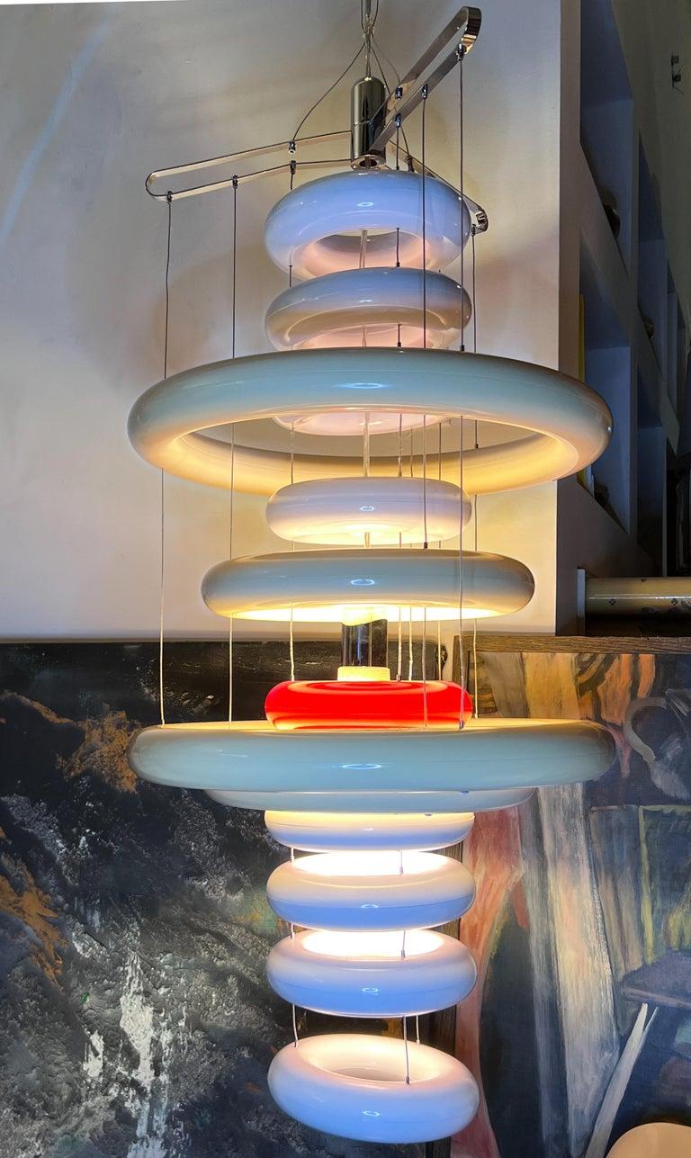 Danish Verner Panton Verpan UFO Chandelier, White, Red, Chrome, Denmark, 1975, 2015 For Sale