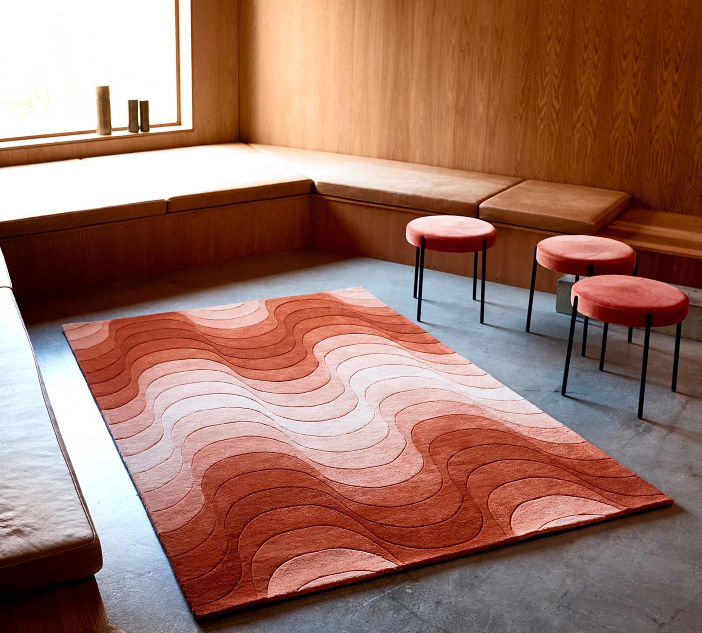 Verner Panton 'Wave' Rug 240 x 170cm for Verpan. Current production.

As well as adding a sculptural feature to a room, rugs also serve to emphasize and/or transform the dimensions of the space. All Verpan carpets are made from hand-woven 100% New