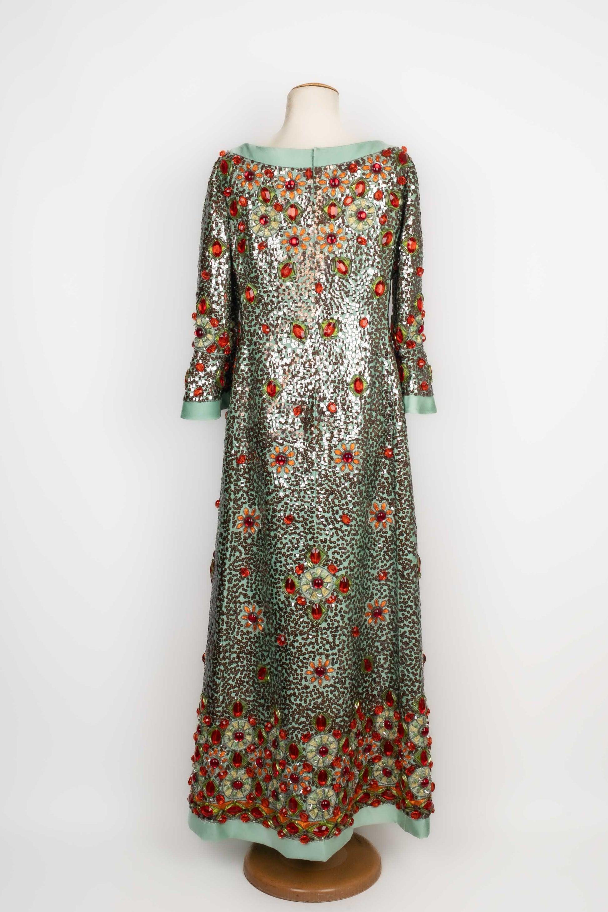 Brown Verney Long Aqua Silk and Wool Dress, 1960 For Sale