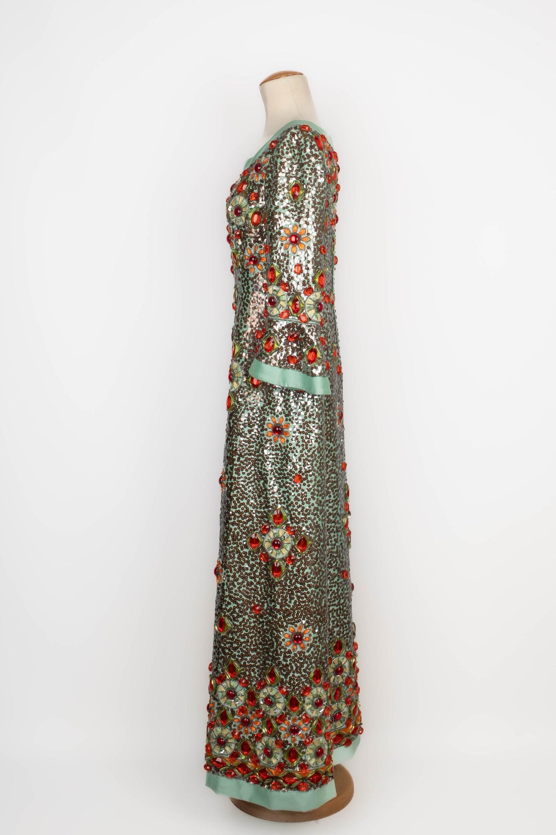 Verney Long Aqua Silk and Wool Dress, 1960 In Excellent Condition For Sale In SAINT-OUEN-SUR-SEINE, FR