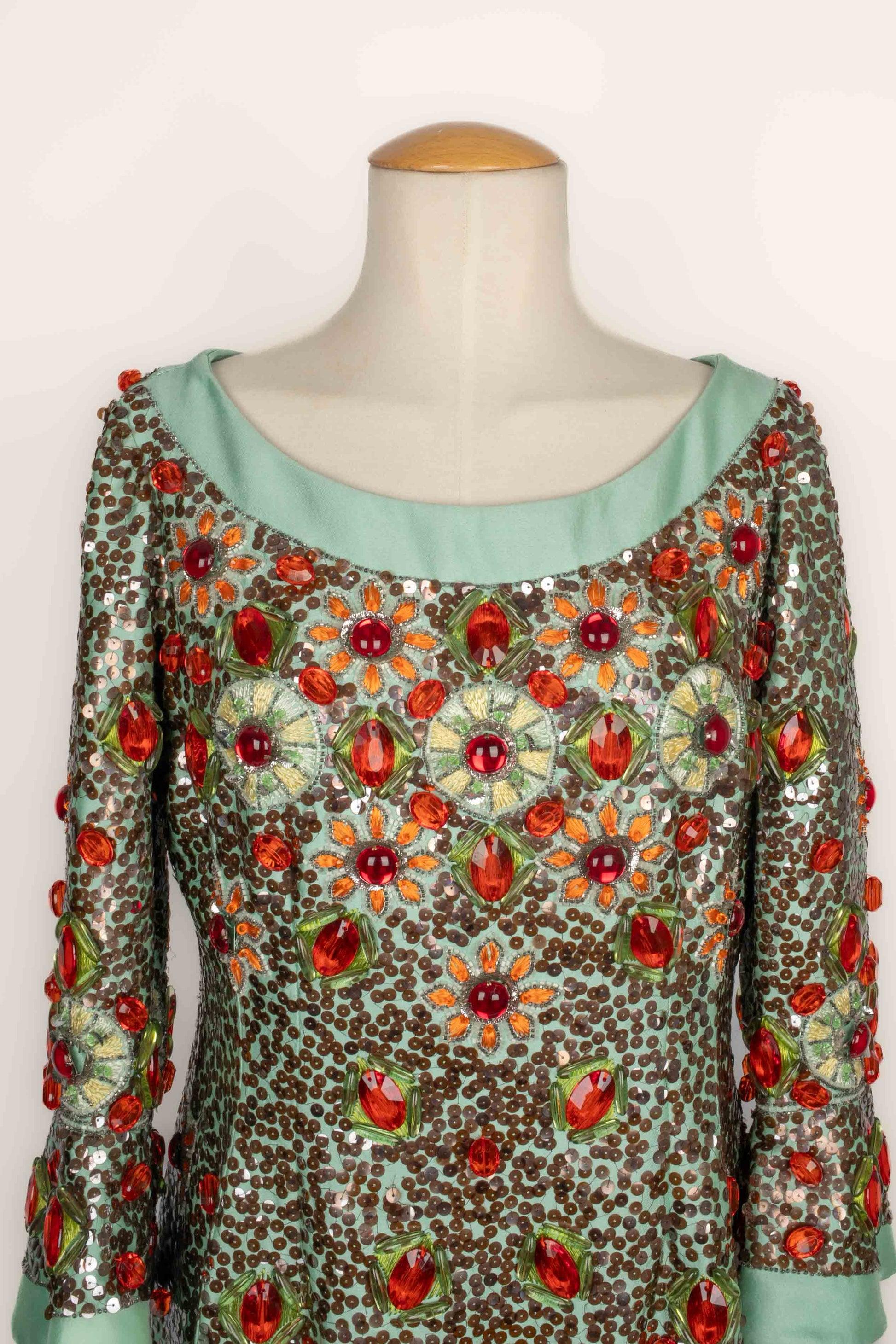 Women's Verney Long Aqua Silk and Wool Dress, 1960 For Sale