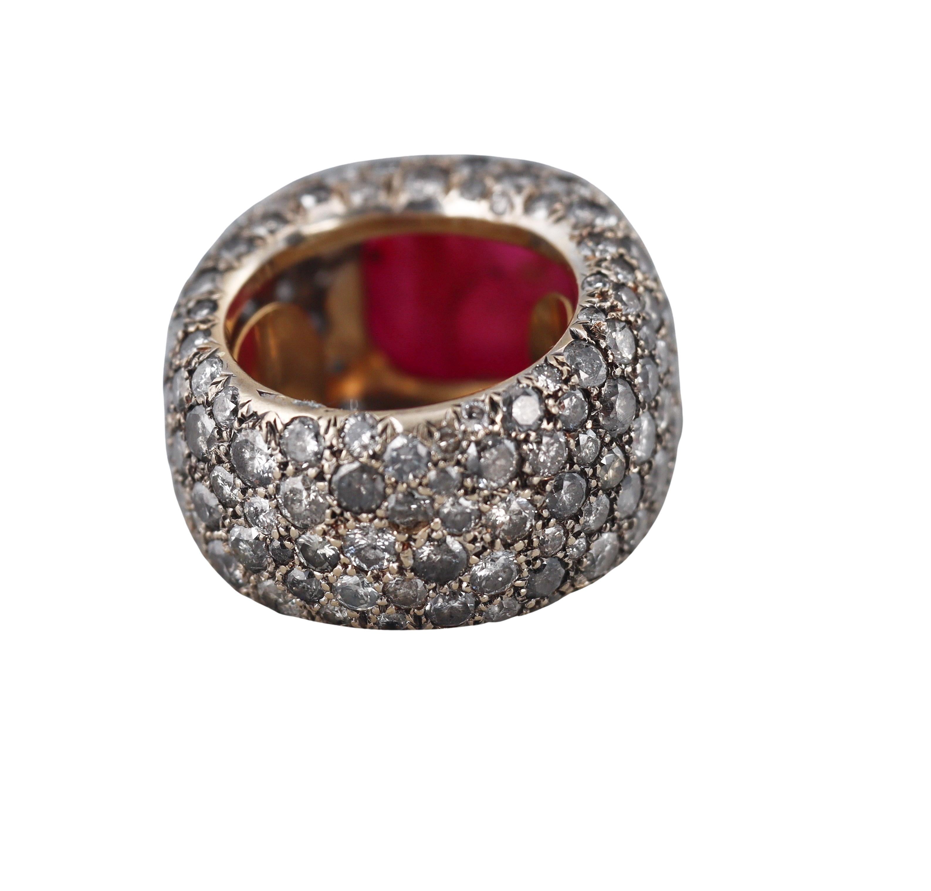 Sugarloaf Cabochon Verney Paris Gold 14 Carat Ruby Diamond Ring For Sale