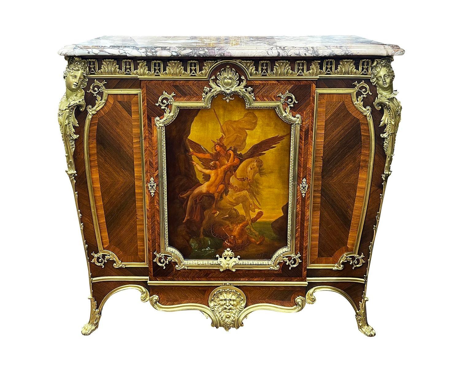 A fine quality late 19th century, Breccia marble topped side cabinet in the manner of Joseph Zweiner, having wonderful gilded ormolu monopodia mounts to either side, Tulipwood and Kingwood quartered and cross banded veneers to the front and sides.