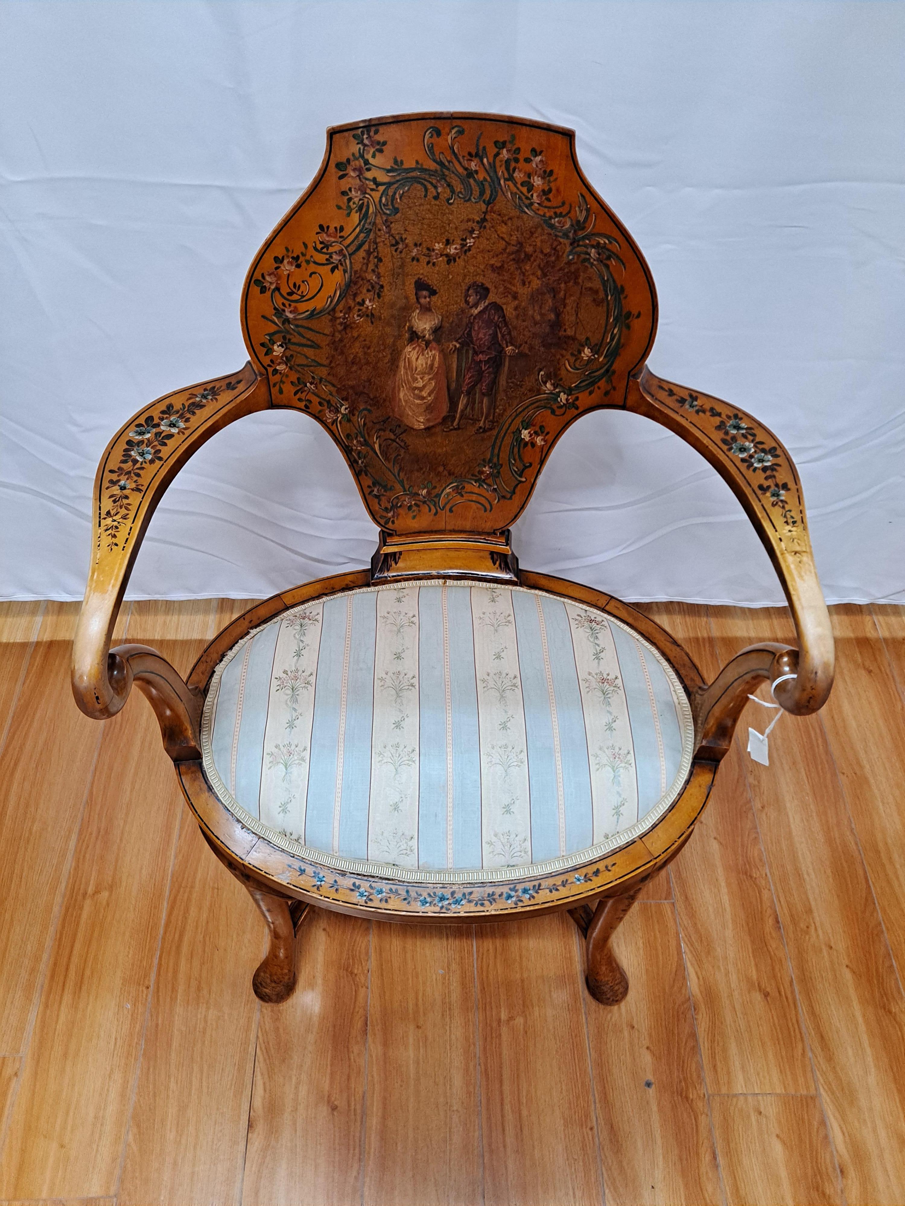 Verni Martin style hand painted armchair w/shaped open arms, shield form back, and cabriole legs with stretchers.

Painted floral and court scene 

Signed A. Lefevre 

25