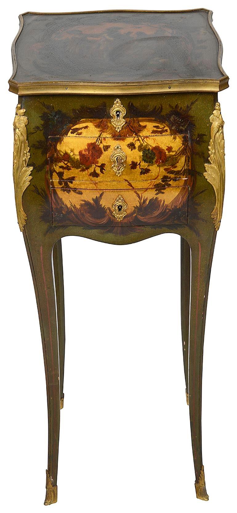 A very good quality late 19th Century French bombe shaped Verne Martin style side table. Having a hinged top opening to reveal a mirrored compartment within. This wonderful hand painted decoration in a chinoiserie style, gilded ormolu mounts and