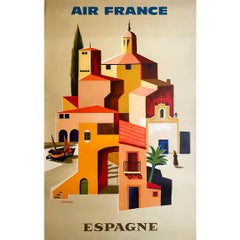 Retro 1960 Original travel poster Air France to spain realized by Vernier