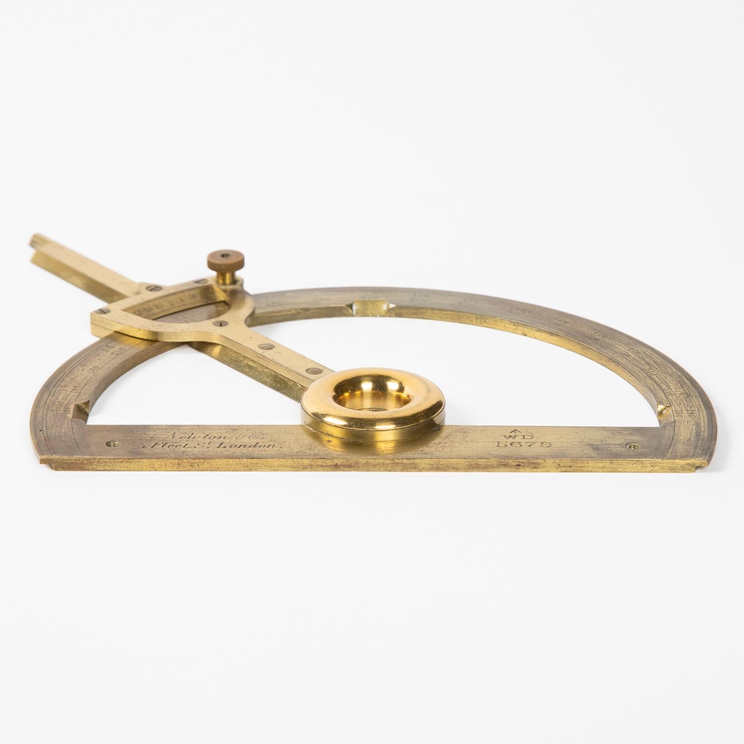 A mid 19th century brass Vernier protractor by Newton & Co of London.

With two screw in fixing points.

Signed: Newton & Co 3, Fleet St, London

Marked with Broad-Arrow: WD 5679.