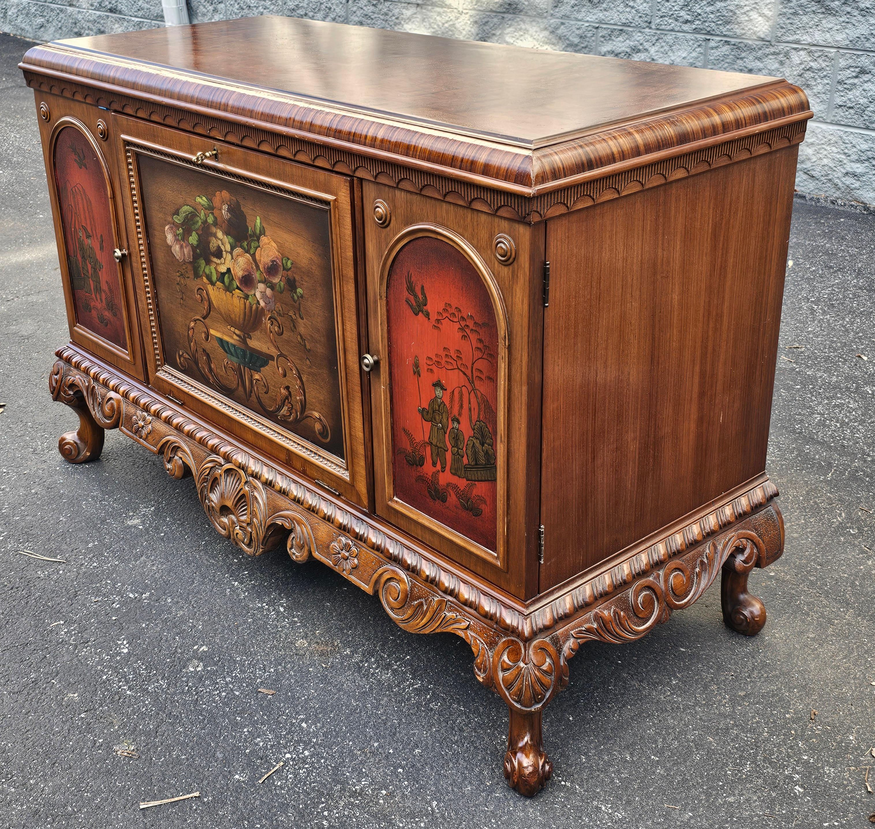19th C. Vernis Martin Chinoiserie Decorated Carved Mahogany Side Cabinet Buffet For Sale 5