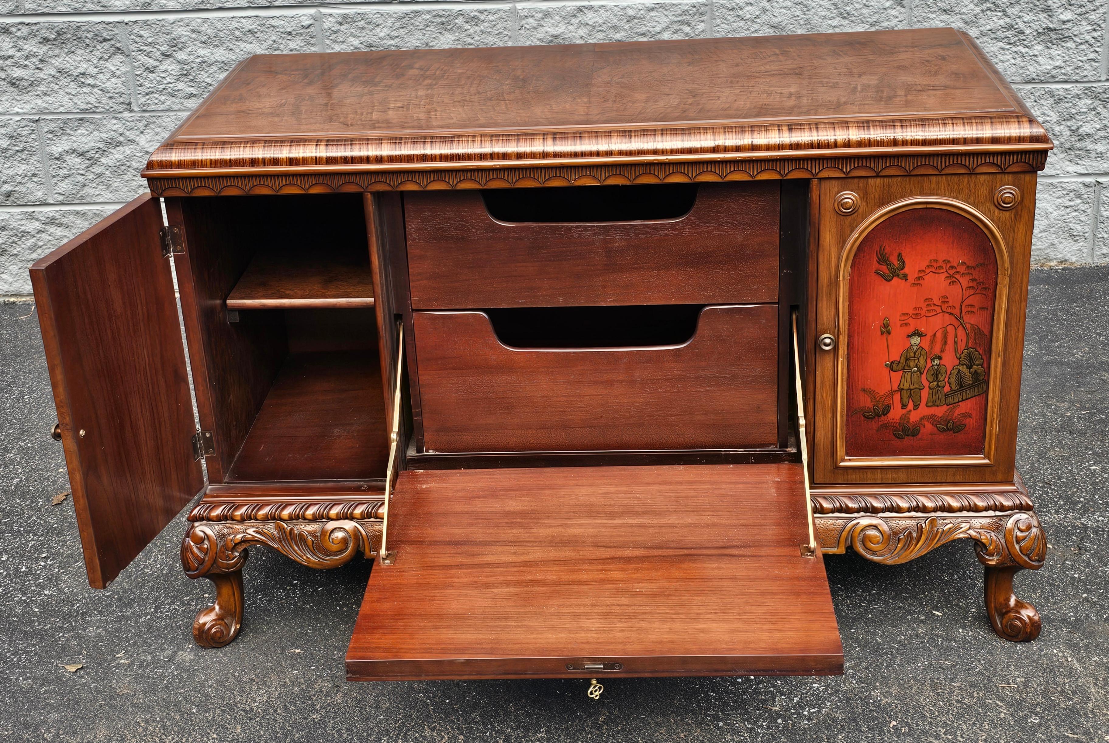 Baroque Revival 19th C. Vernis Martin Chinoiserie Decorated Carved Mahogany Side Cabinet Buffet For Sale