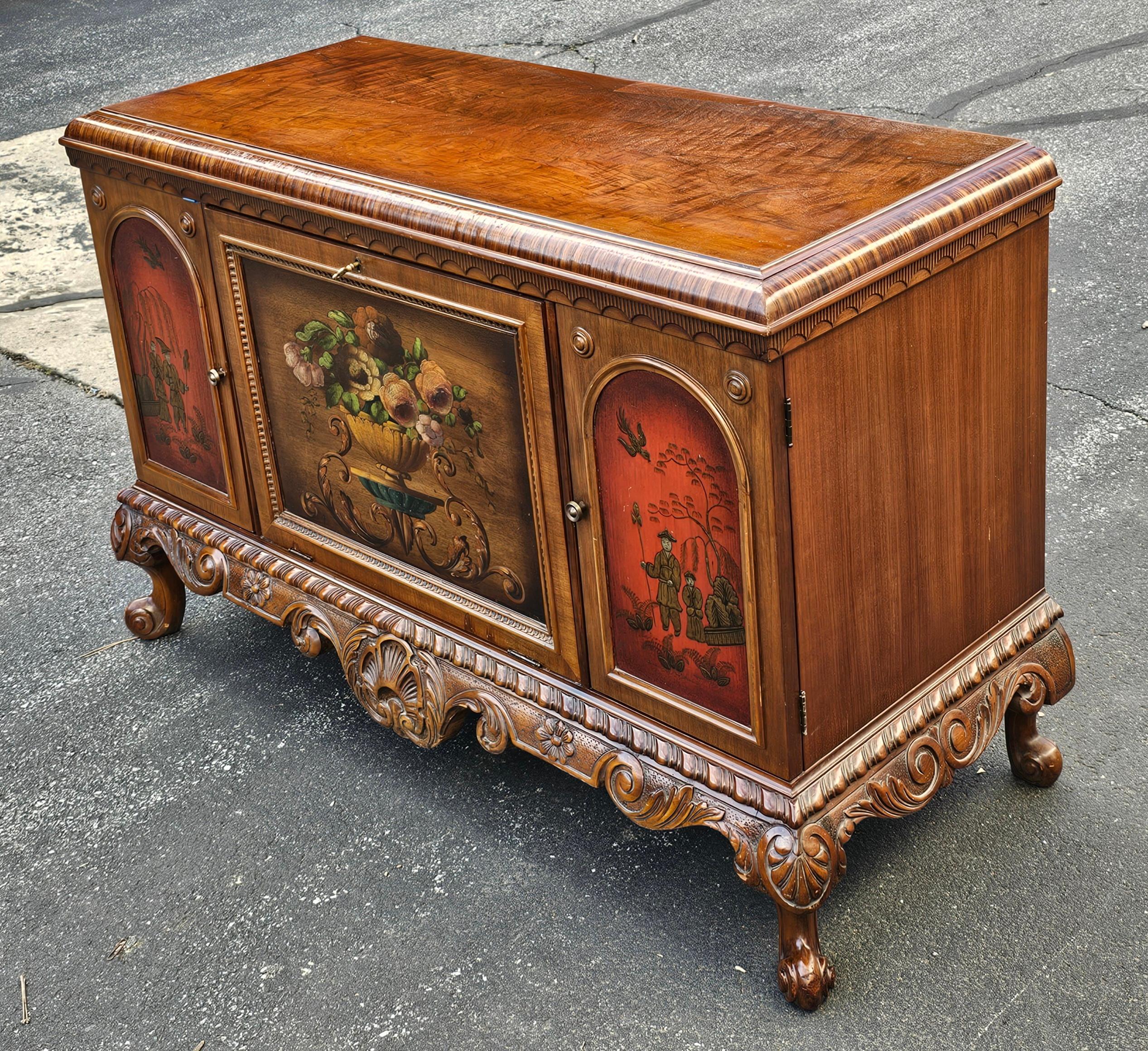Unknown 19th C. Vernis Martin Chinoiserie Decorated Carved Mahogany Side Cabinet Buffet For Sale