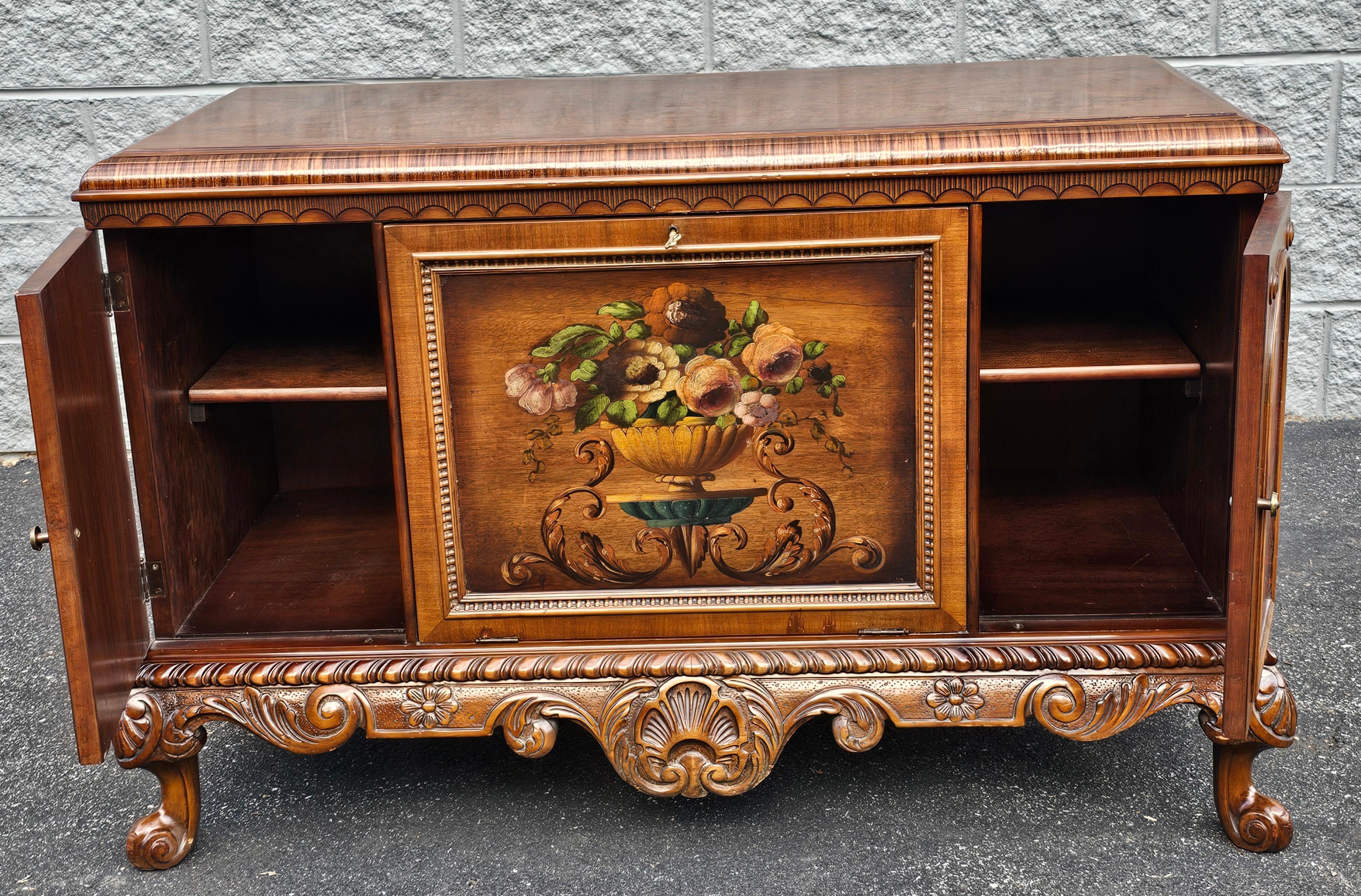 19th C. Vernis Martin Chinoiserie Decorated Carved Mahogany Side Cabinet Buffet In Good Condition For Sale In Germantown, MD