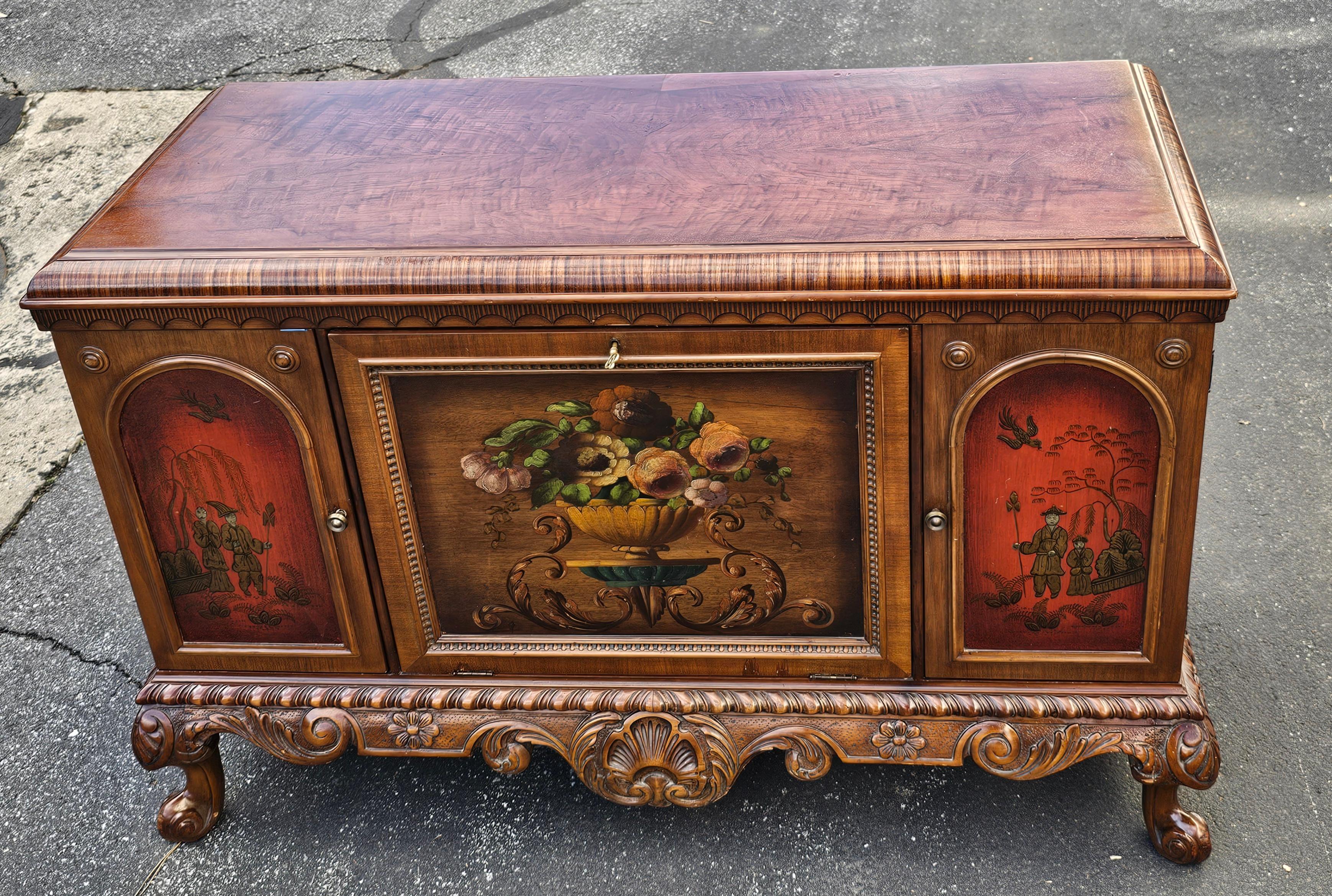 19th C. Vernis Martin Chinoiserie Decorated Carved Mahogany Side Cabinet Buffet For Sale 1