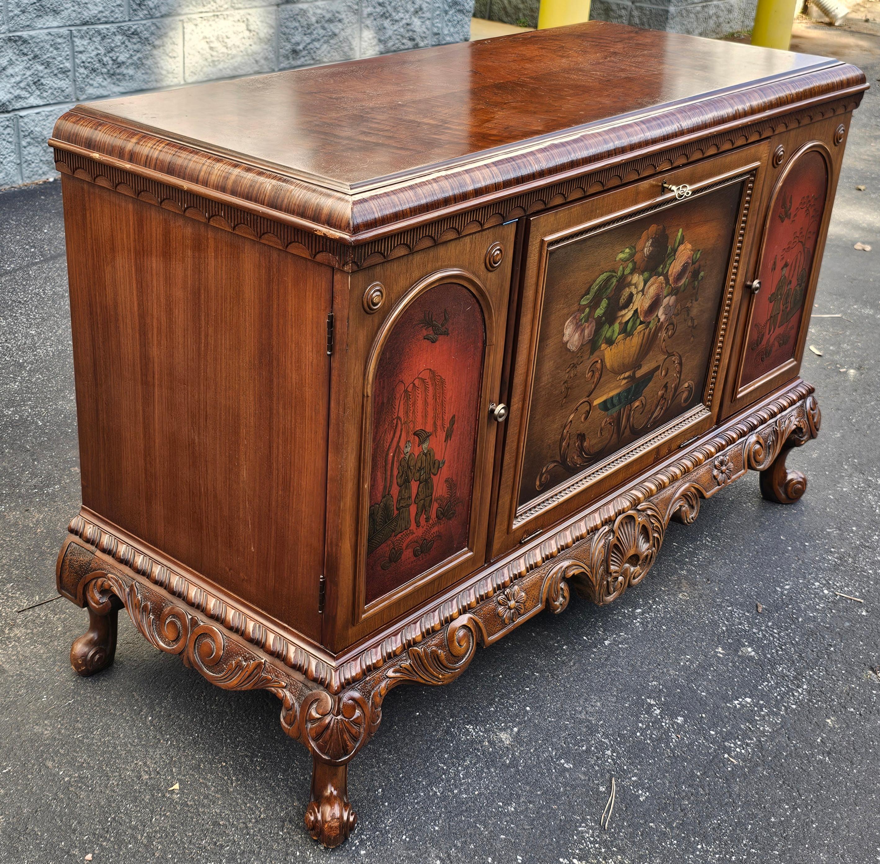 19th C. Vernis Martin Chinoiserie Decorated Carved Mahogany Side Cabinet Buffet For Sale 2