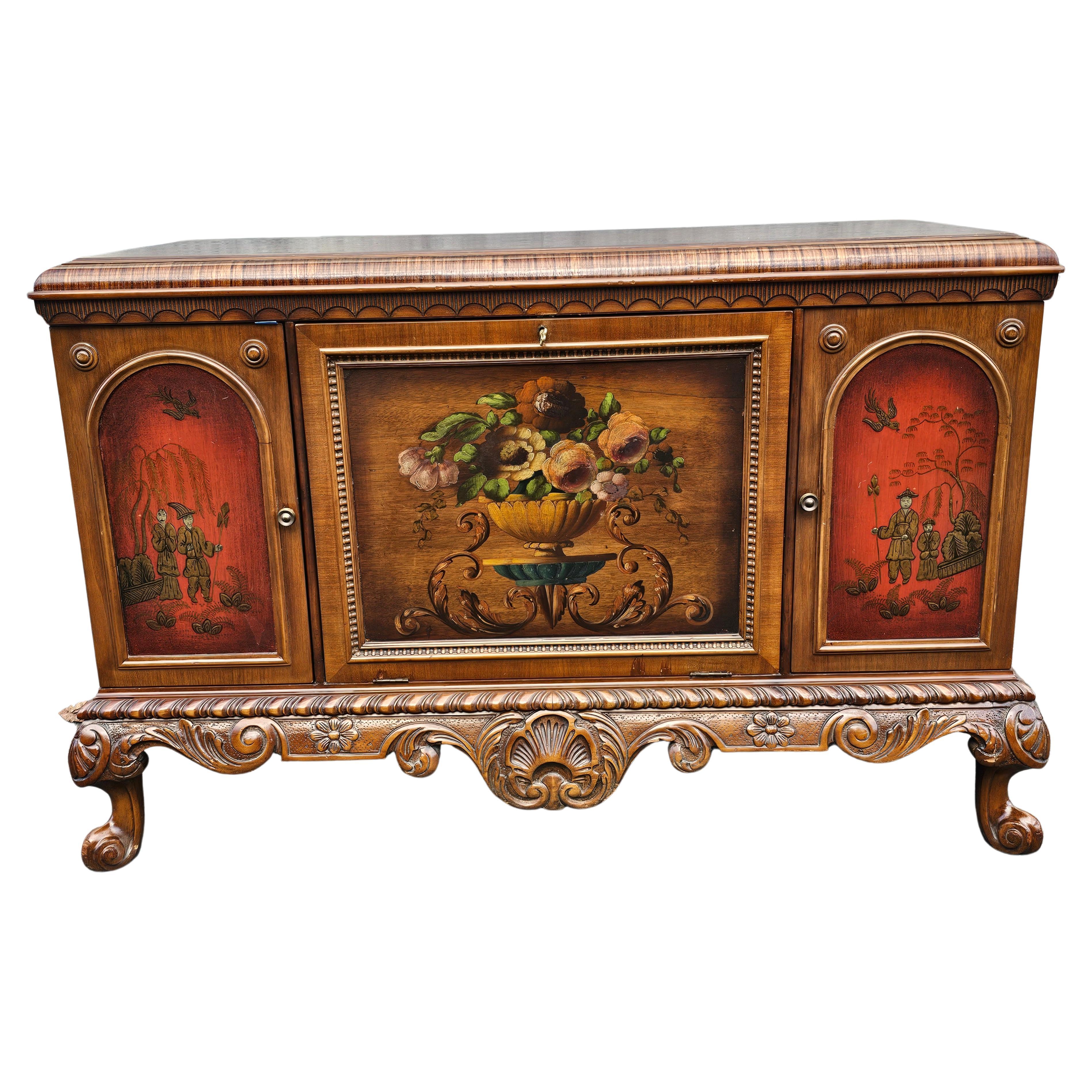 19th C. Vernis Martin Chinoiserie Decorated Carved Mahogany Side Cabinet Buffet For Sale