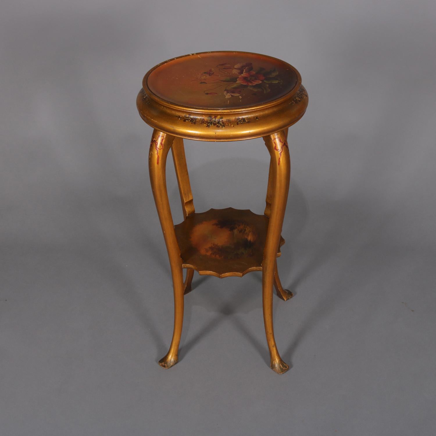 Vernis Martin Hand-Painted Landscape and Floral Giltwood Plant Stand, circa 1900 1