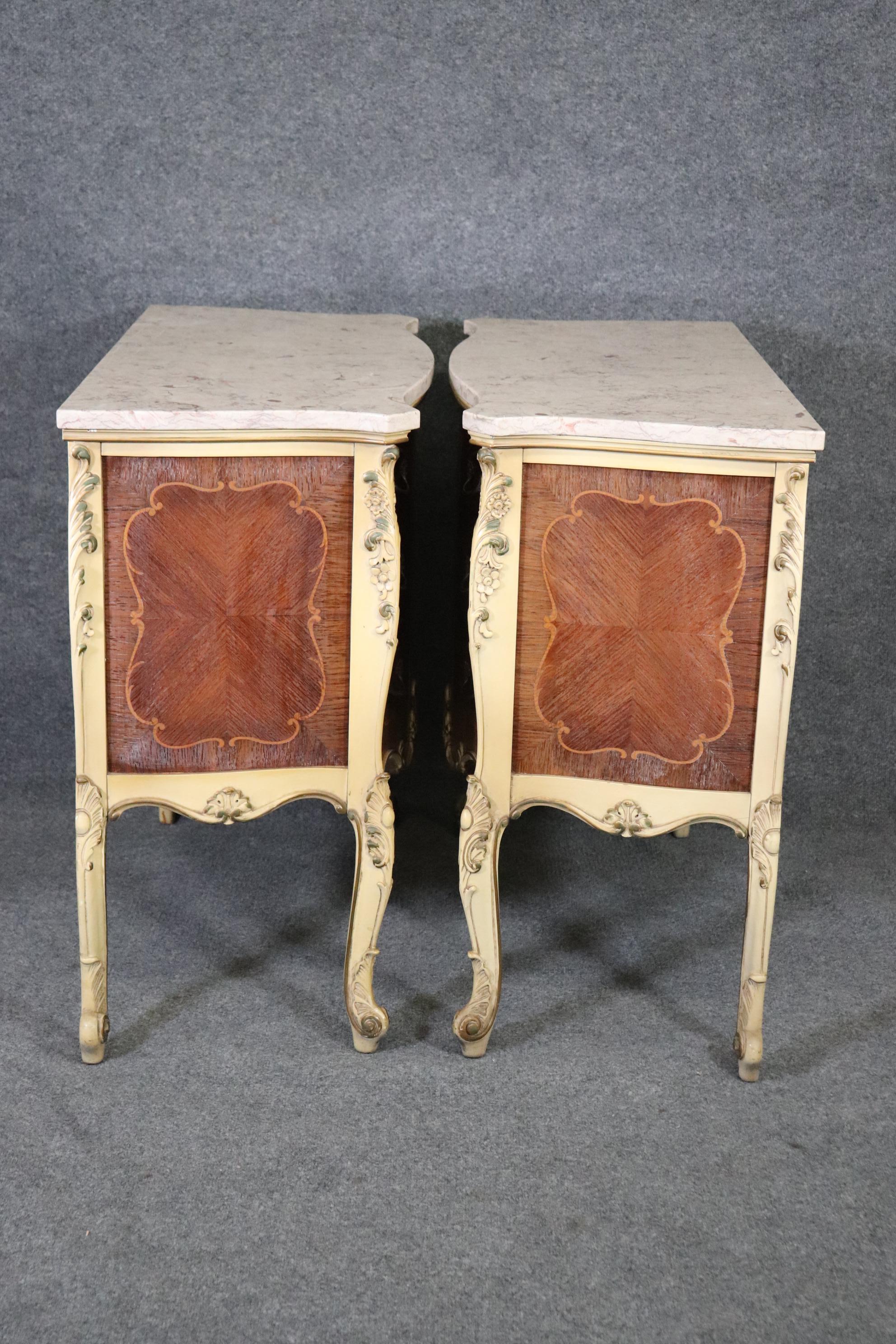 Vernis Martin Inlaid Pair French Louis XV Pair of Marble Top Painted Nightstands 4