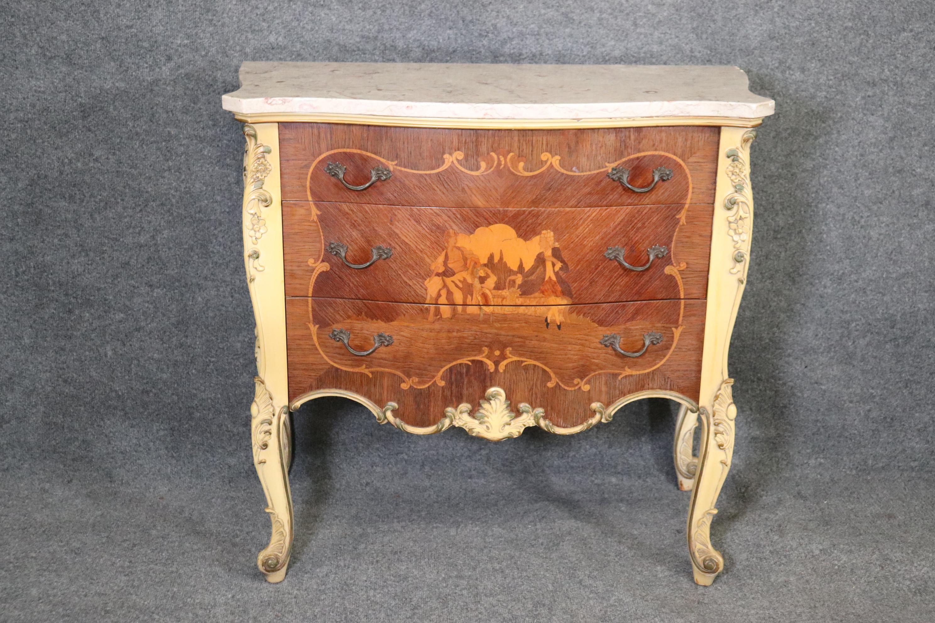 Vernis Martin Inlaid Pair French Louis XV Pair of Marble Top Painted Nightstands 5