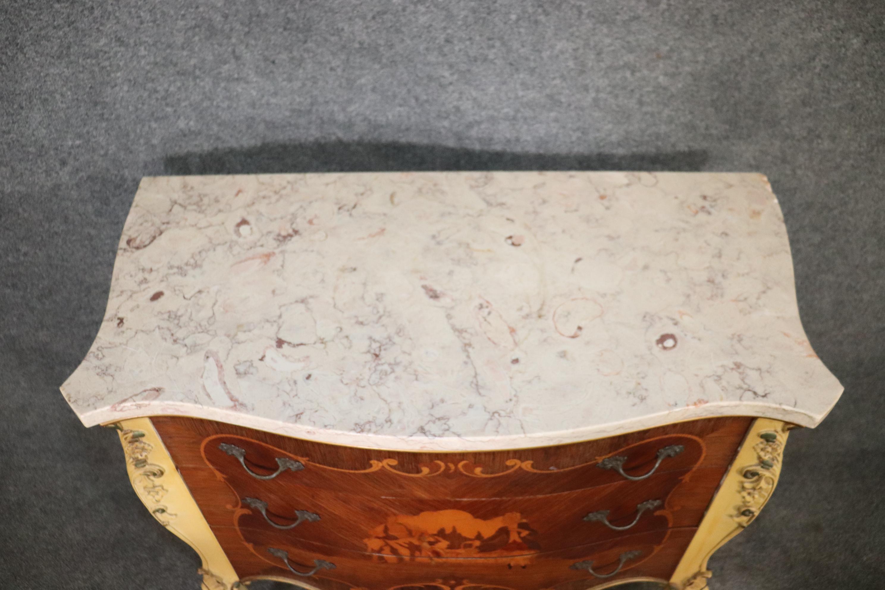 Vernis Martin Inlaid Pair French Louis XV Pair of Marble Top Painted Nightstands 6