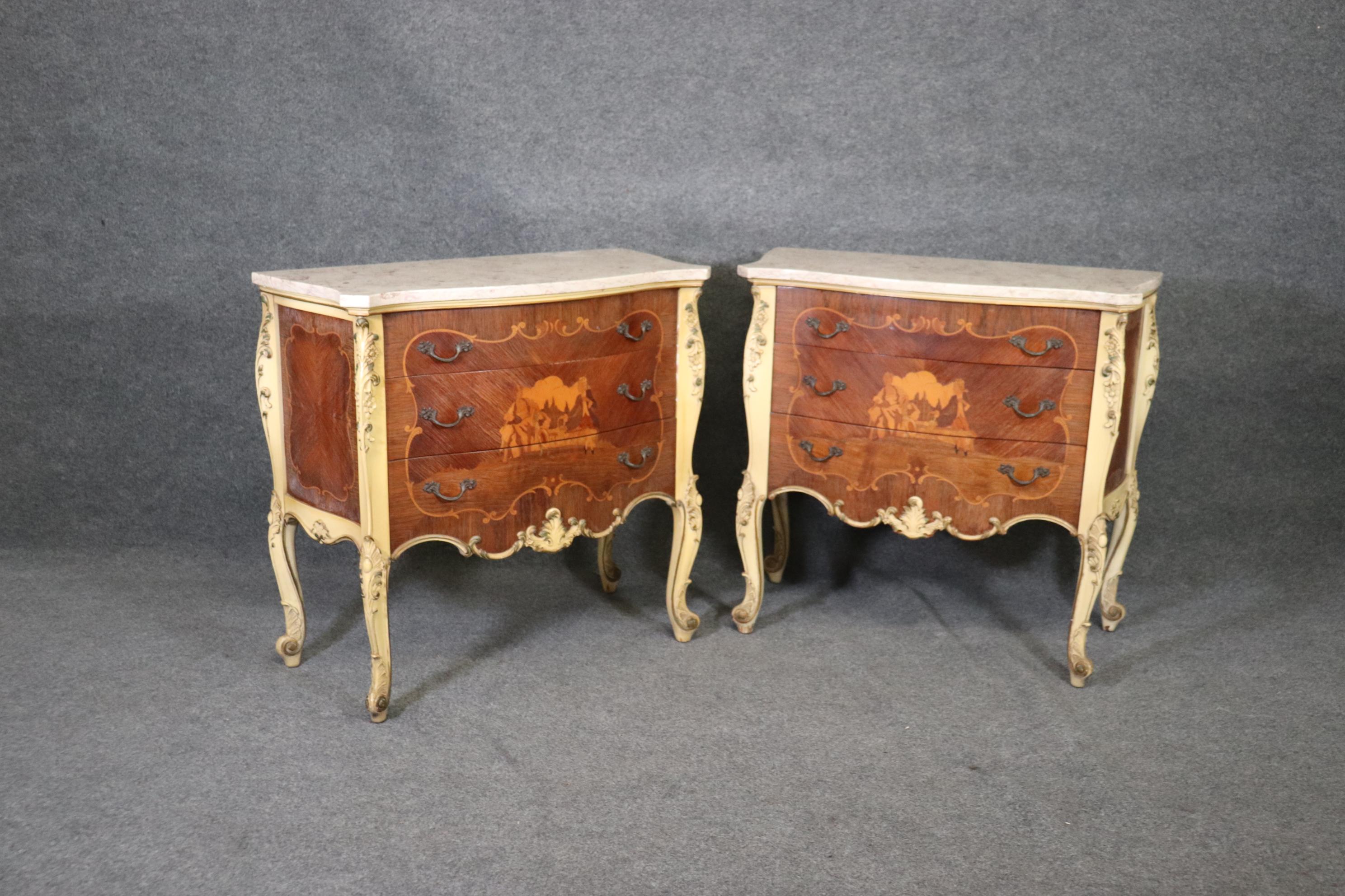 Unknown Vernis Martin Inlaid Pair French Louis XV Pair of Marble Top Painted Nightstands
