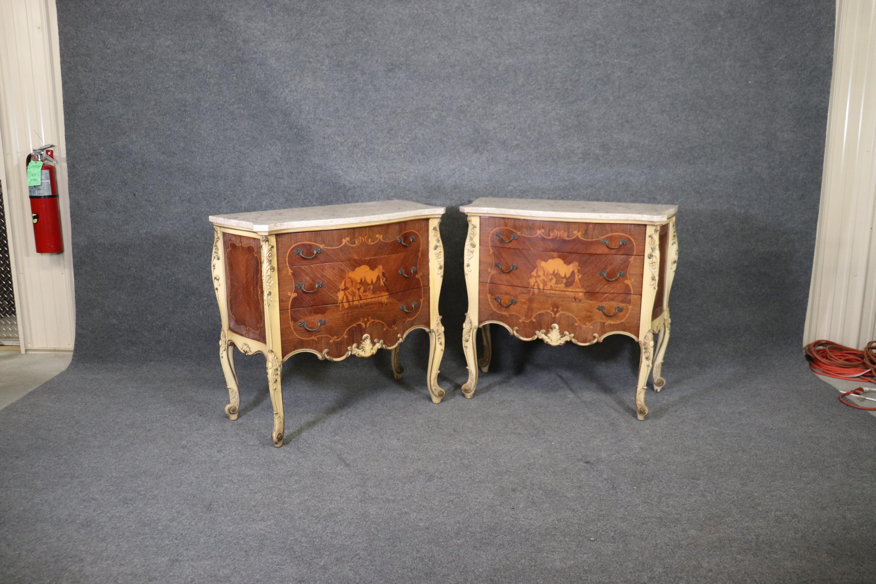 Vernis Martin Inlaid Pair French Louis XV Pair of Marble Top Painted Nightstands In Good Condition In Swedesboro, NJ