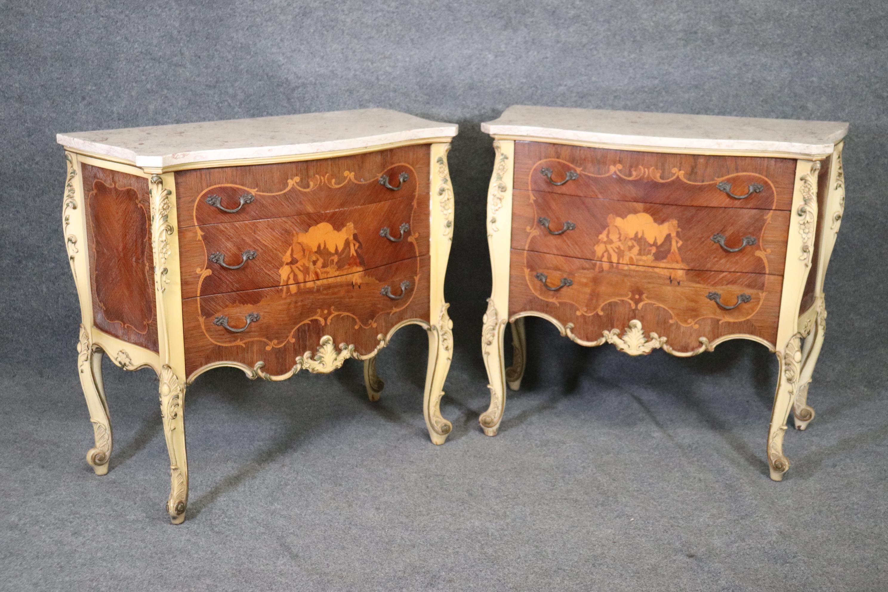 Early 20th Century Vernis Martin Inlaid Pair French Louis XV Pair of Marble Top Painted Nightstands