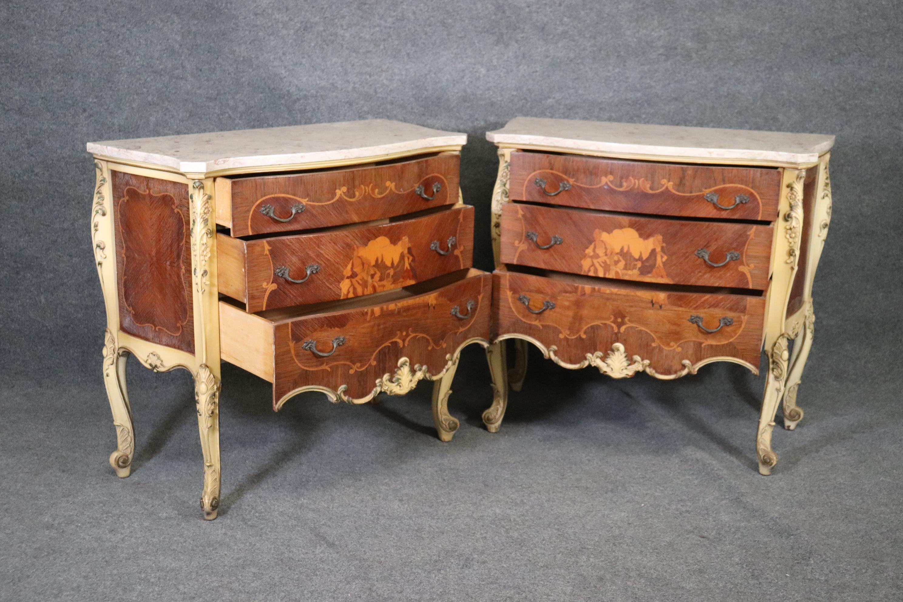 Walnut Vernis Martin Inlaid Pair French Louis XV Pair of Marble Top Painted Nightstands