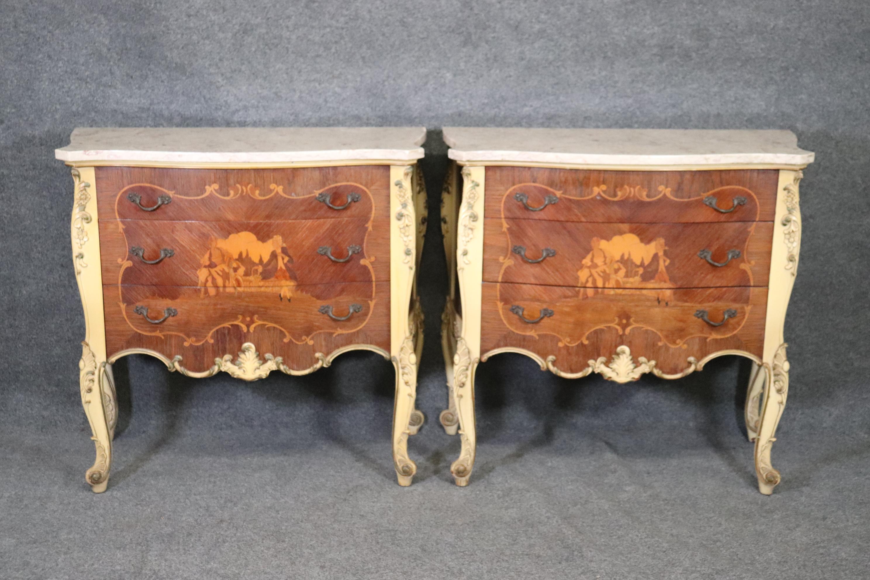 Vernis Martin Inlaid Pair French Louis XV Pair of Marble Top Painted Nightstands 1