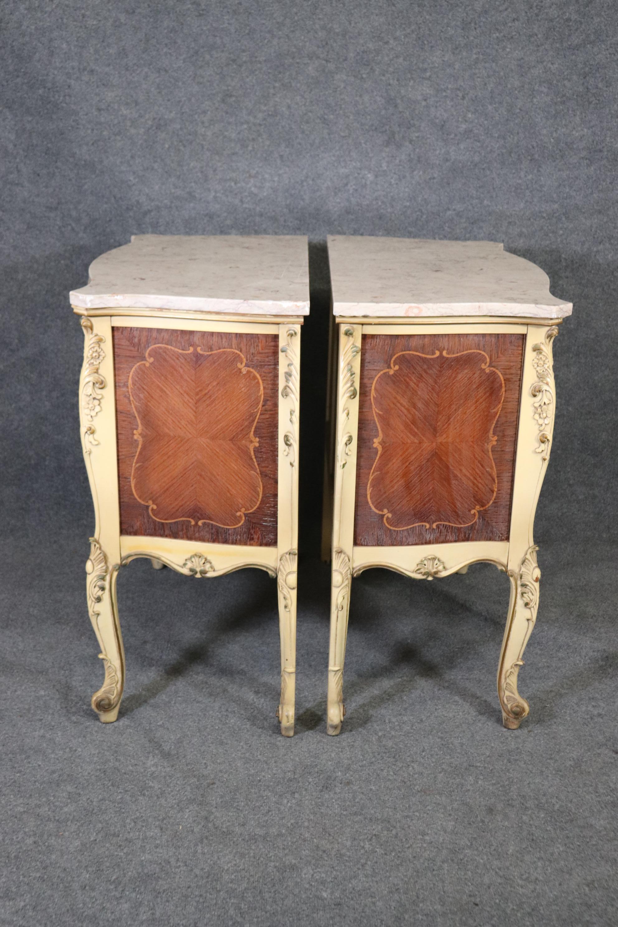 Vernis Martin Inlaid Pair French Louis XV Pair of Marble Top Painted Nightstands 2