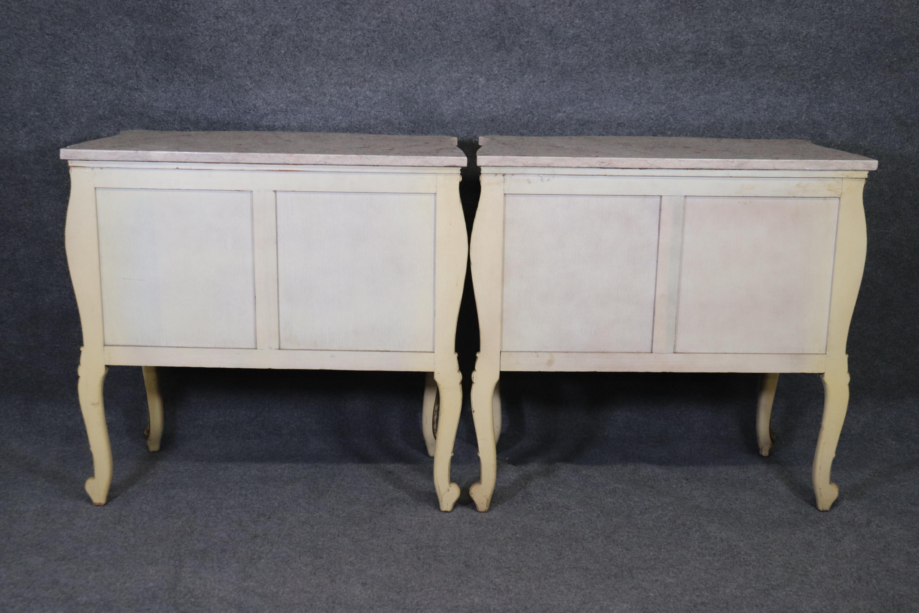 Vernis Martin Inlaid Pair French Louis XV Pair of Marble Top Painted Nightstands 3