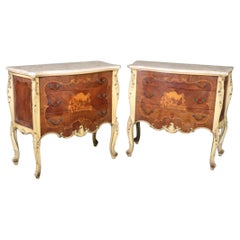 Vernis Martin Inlaid Pair French Louis XV Pair of Marble Top Painted Nightstands