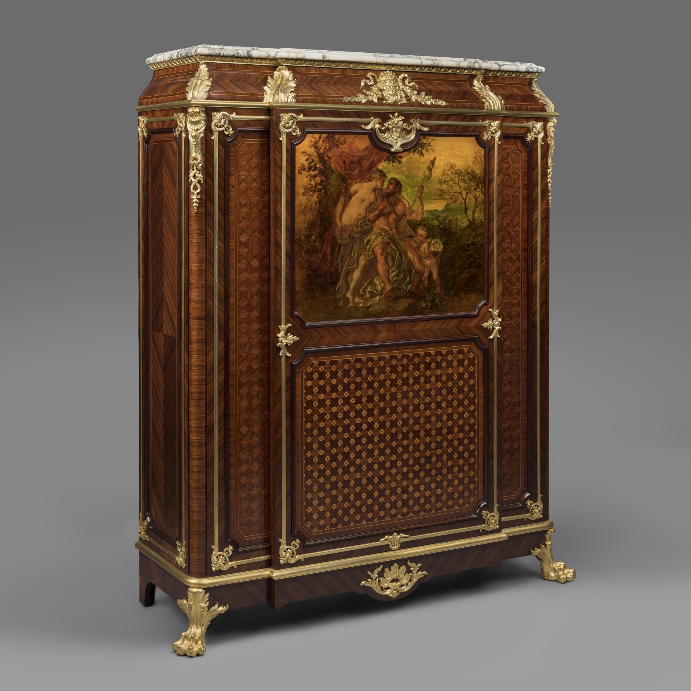 An exceptional and very rare Louis XV style gilt-bronze and Vernis Martin Mounted Parquetry side cabinet by Maison Krieger.

Stamped to the carcass ‘KRIEGER’ and stencilled to the back ‘KRIEGER 74 Faubourg St Antoine Paris’. The lock plate signed